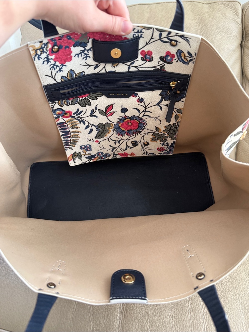 Tory Burch Floral Print Tote Bag with Navy Handles - Cream & Multicolor - Picture 8 of 15
